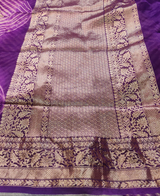 Banarasi Kora Organza Arashi Dyeing Designer Saree with Kadua Interlock Weaving – Purple