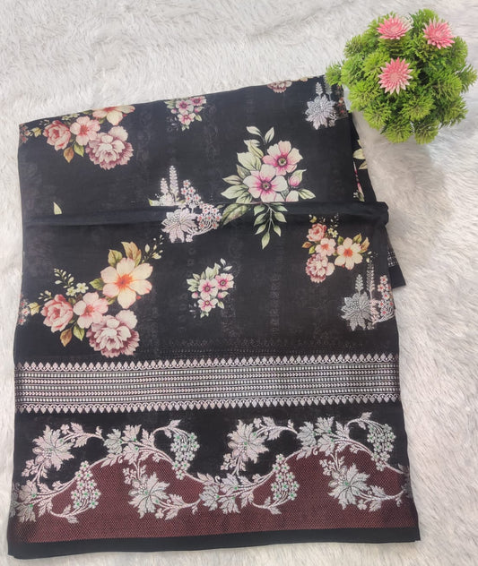Banarasi 100% Pure Raw Mango Digital Floral Saree – Elegant Black Edition