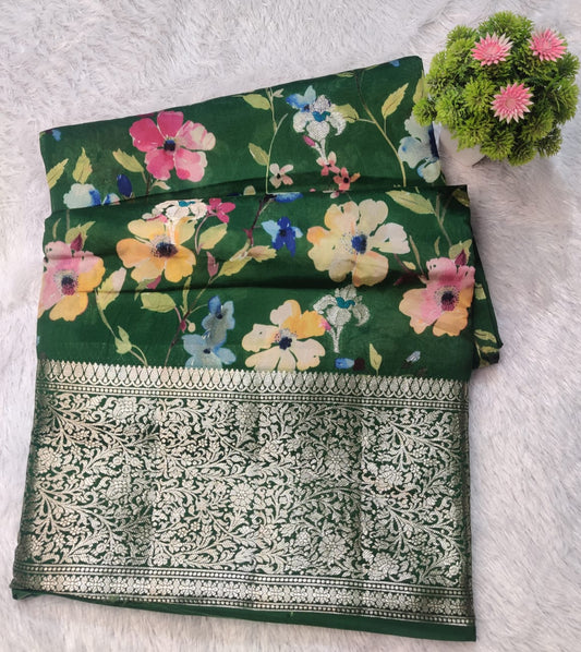 Banarasi 100% Pure Raw Mango Digital Floral Saree – Royal Green Edition