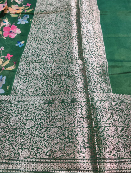 Banarasi 100% Pure Raw Mango Digital Floral Saree – Royal Green Edition