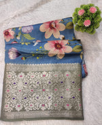 Banarasi 100% Pure Raw Mango Digital Floral Saree – Denim Blue