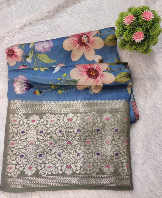 Banarasi 100% Pure Raw Mango Digital Floral Saree – Denim Blue