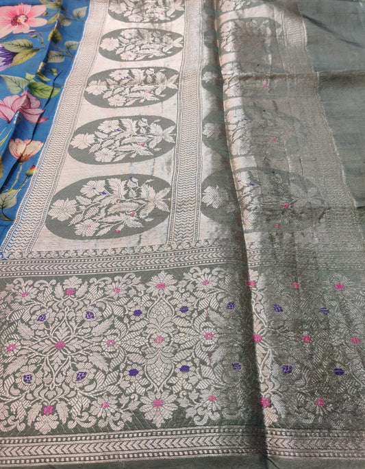 Banarasi 100% Pure Raw Mango Digital Floral Saree – Denim Blue