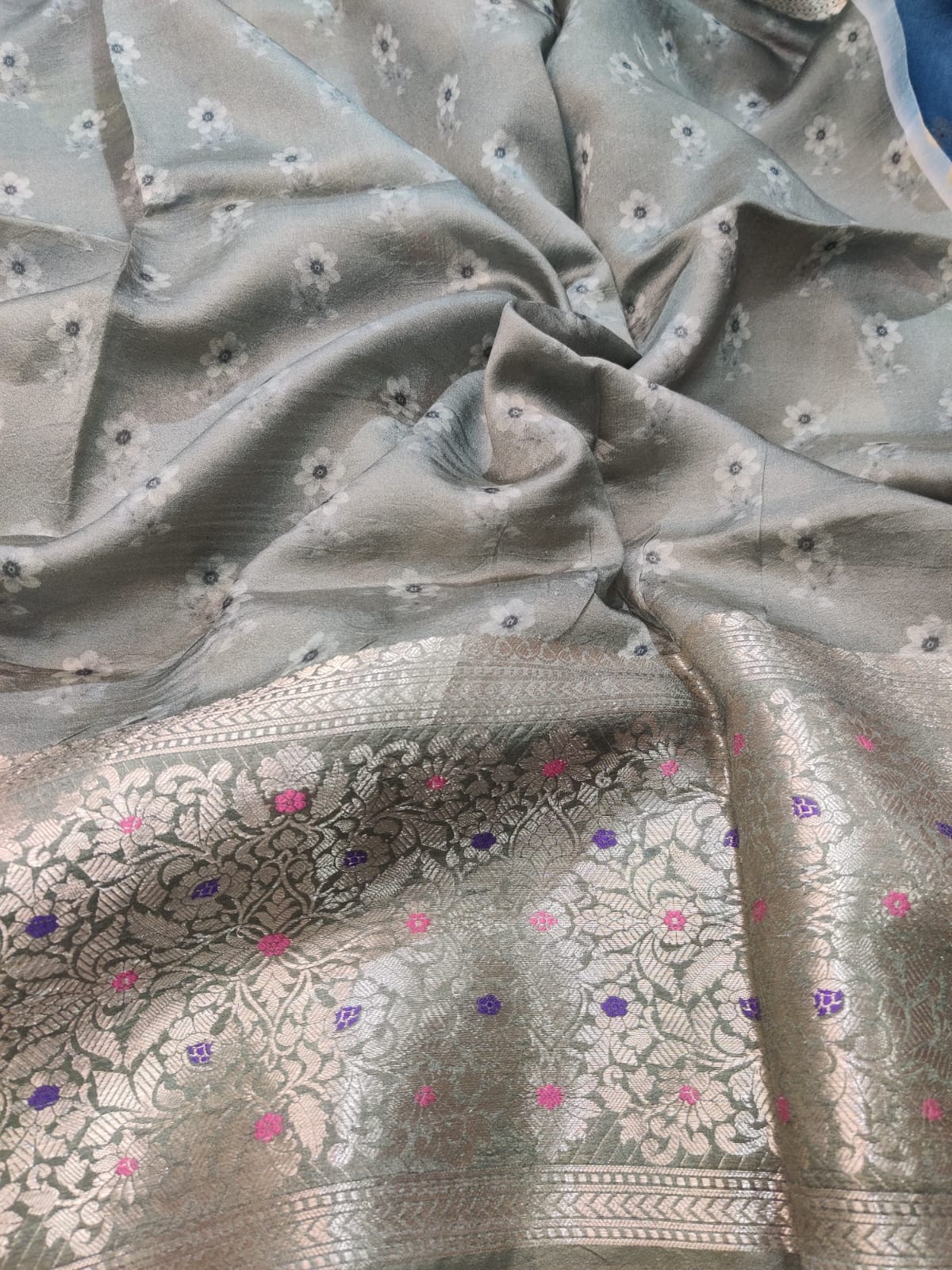 Banarasi 100% Pure Raw Mango Digital Floral Saree – Denim Blue