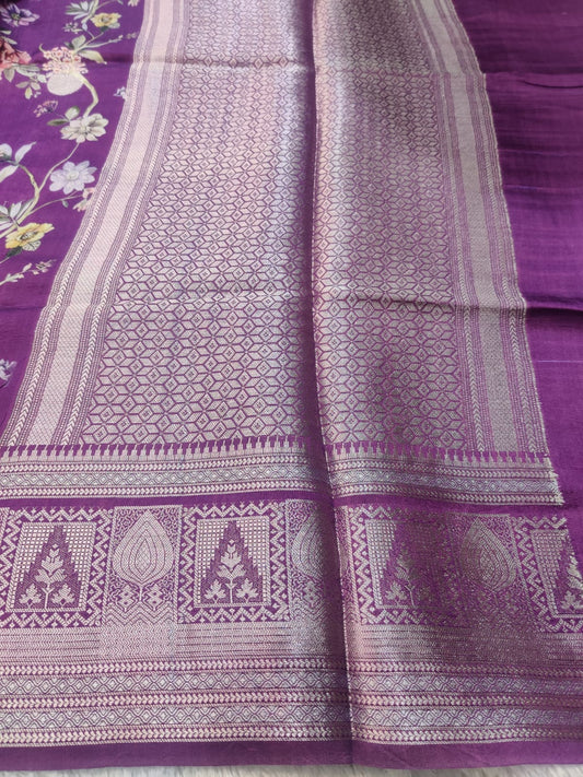 Banarasi 100% Pure Raw Mango Digital Floral Saree – Royal Purple