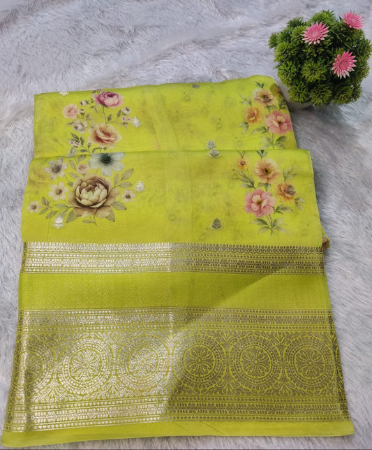 Banarasi 100% Pure Raw Mango Digital Floral Saree – Lime Green
