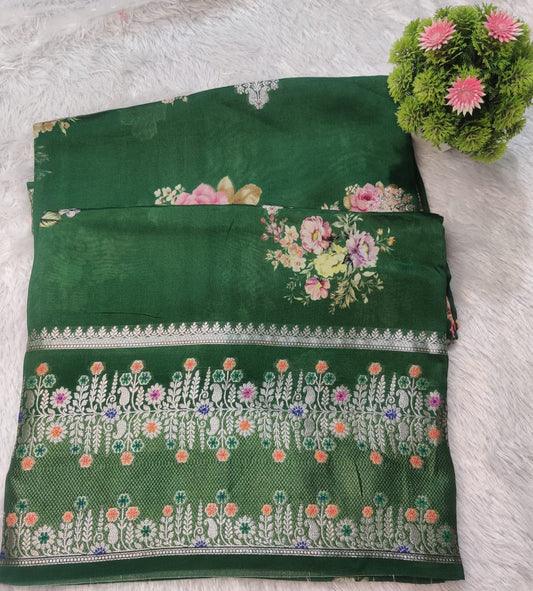 Banarasi 100% Pure Raw Mango Digital Floral Saree – Emerald Green