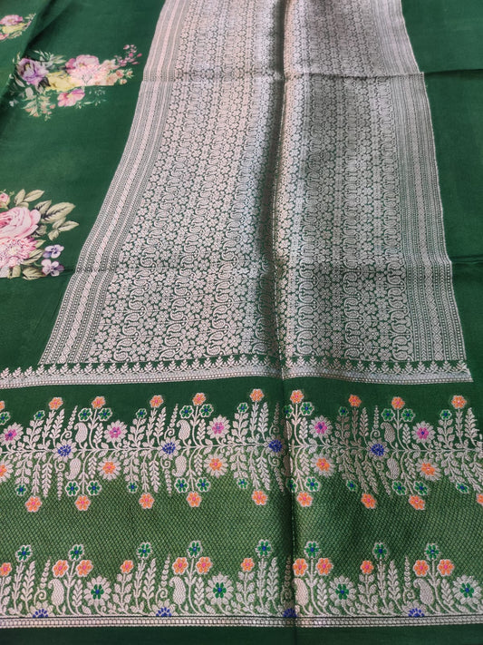 Banarasi 100% Pure Raw Mango Digital Floral Saree – Emerald Green