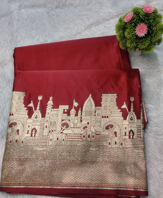 Banarasi Mashroo Satin Katan Silk Designer Saree – Banaras Ghat Zari Weave