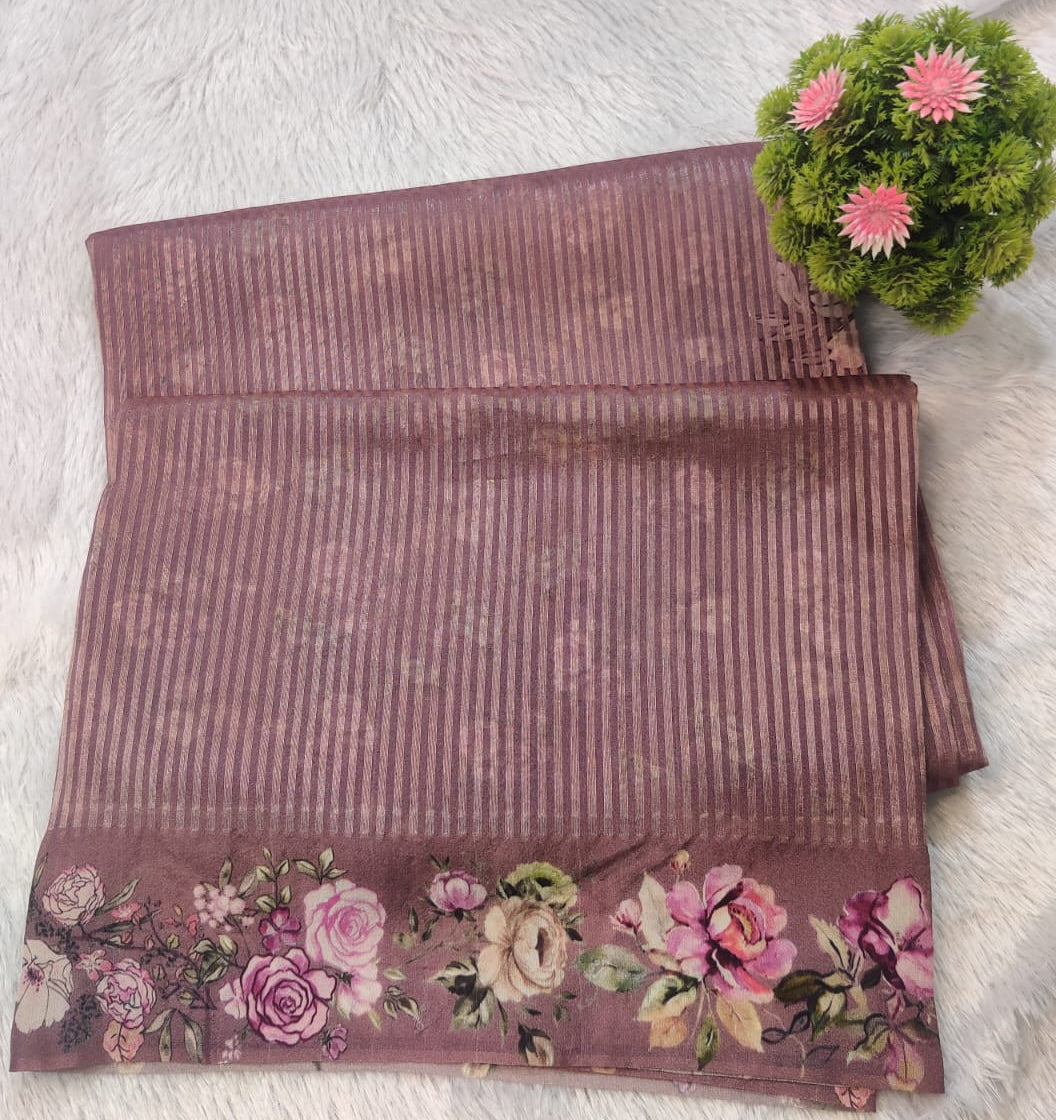 Banarasi Pure Tissue Stripes Saree with Digital Print Border – Mauve Rose