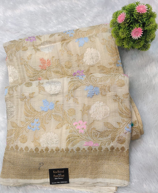 Banarasi Khaddi Tussar Silk Saree – Pastel Floral Jangla with Rich Zari Border