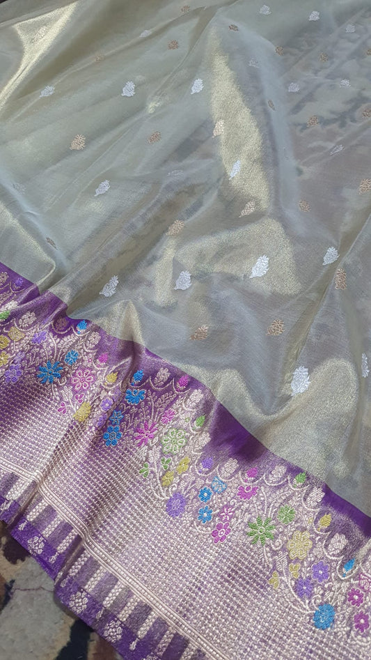 Banarasi Ektara Handloom Tissue Saree with Katan Border & Meena Work