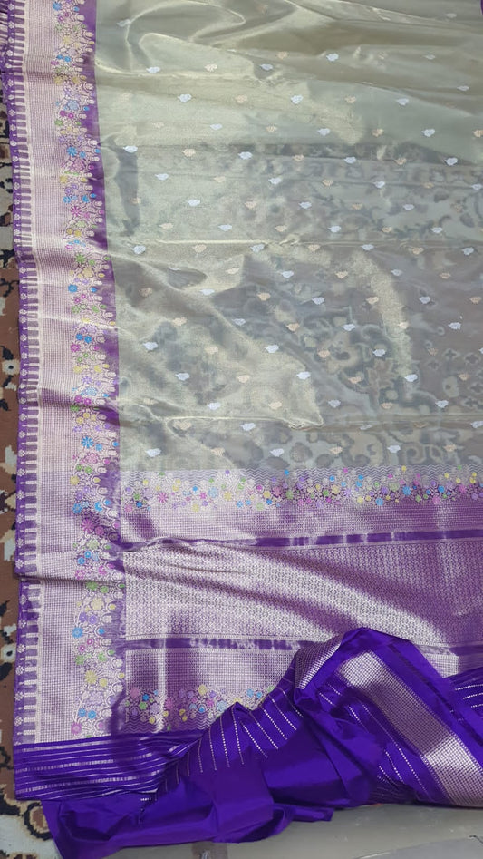 Banarasi Ektara Handloom Tissue Saree with Katan Border & Meena Work