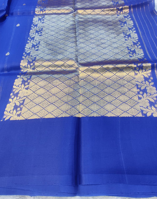 Banarasi Royal Blue Pure Kora Organza Handwoven Saree with Zari Stripes & Buti