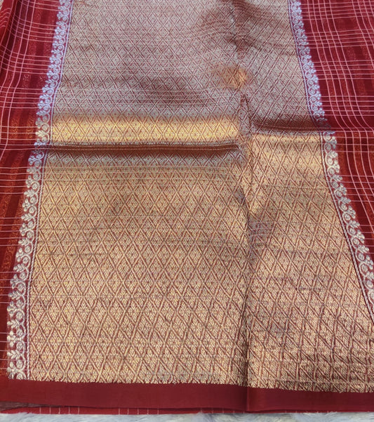 Banarasi Pure Kora Organza Handwoven Red Saree with Floral Buti & Checkered Stripes