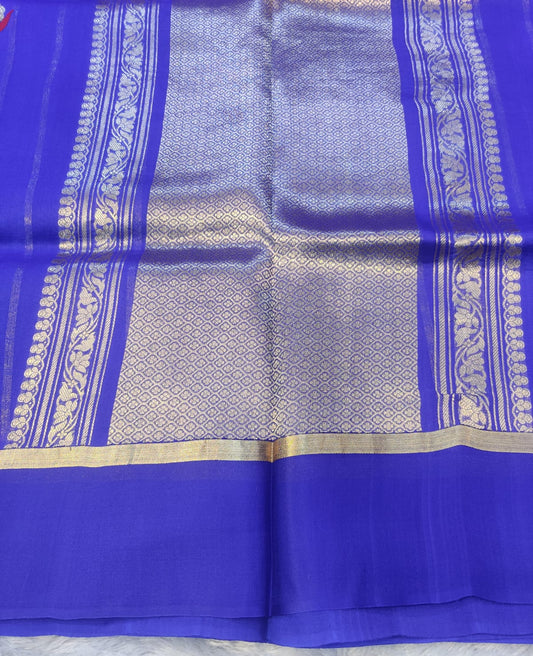 Banarasi Pure Kora Organza Handwoven Royal Blue Saree with Floral Buti & Zari Border