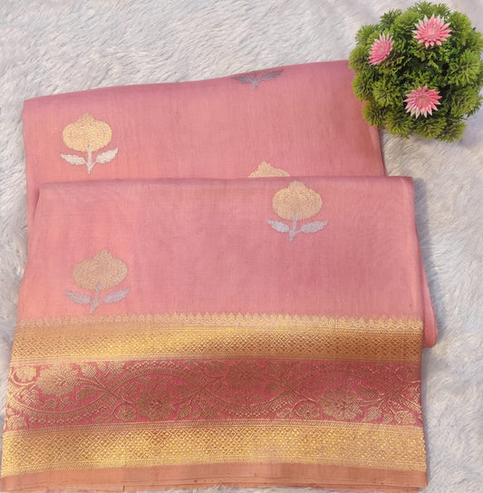 Banarasi Pure Kora Organza Handwoven Peach Pink Saree with Floral Buti & Rich Zari Border