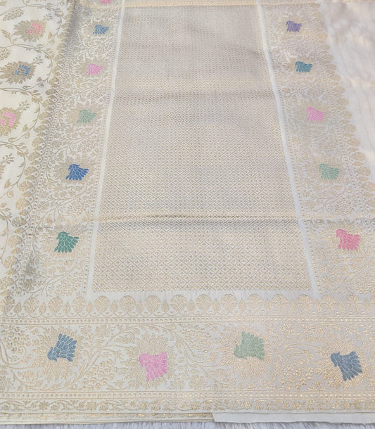 Banarasi Premium Katan Silk Handloom Kadua Jangla Saree with Multicolor Floral Weave