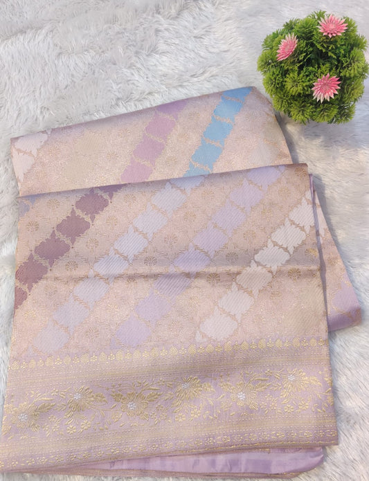 Banarasi Premium Katan Silk Handloom Kadua Jangla Saree with Pastel Meena & Floral Zari Border