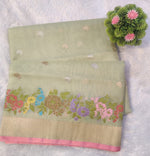 Banarasi Premium Kora Jamdani Handloom Interlock Weaving Saree with Multicolor Floral Border