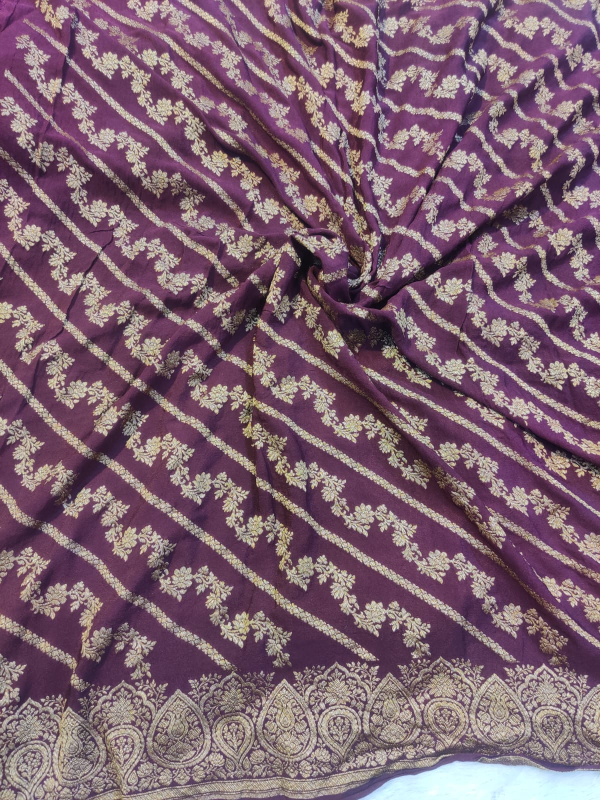 Authentic Banarasi 100% Pure Crepe Georgette Wine Saree with Rich Zari Paisley Border