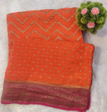 Authentic Banarasi 100% Pure Crepe Georgette Orange Saree with Magenta Zari Border & Chevron Pallu