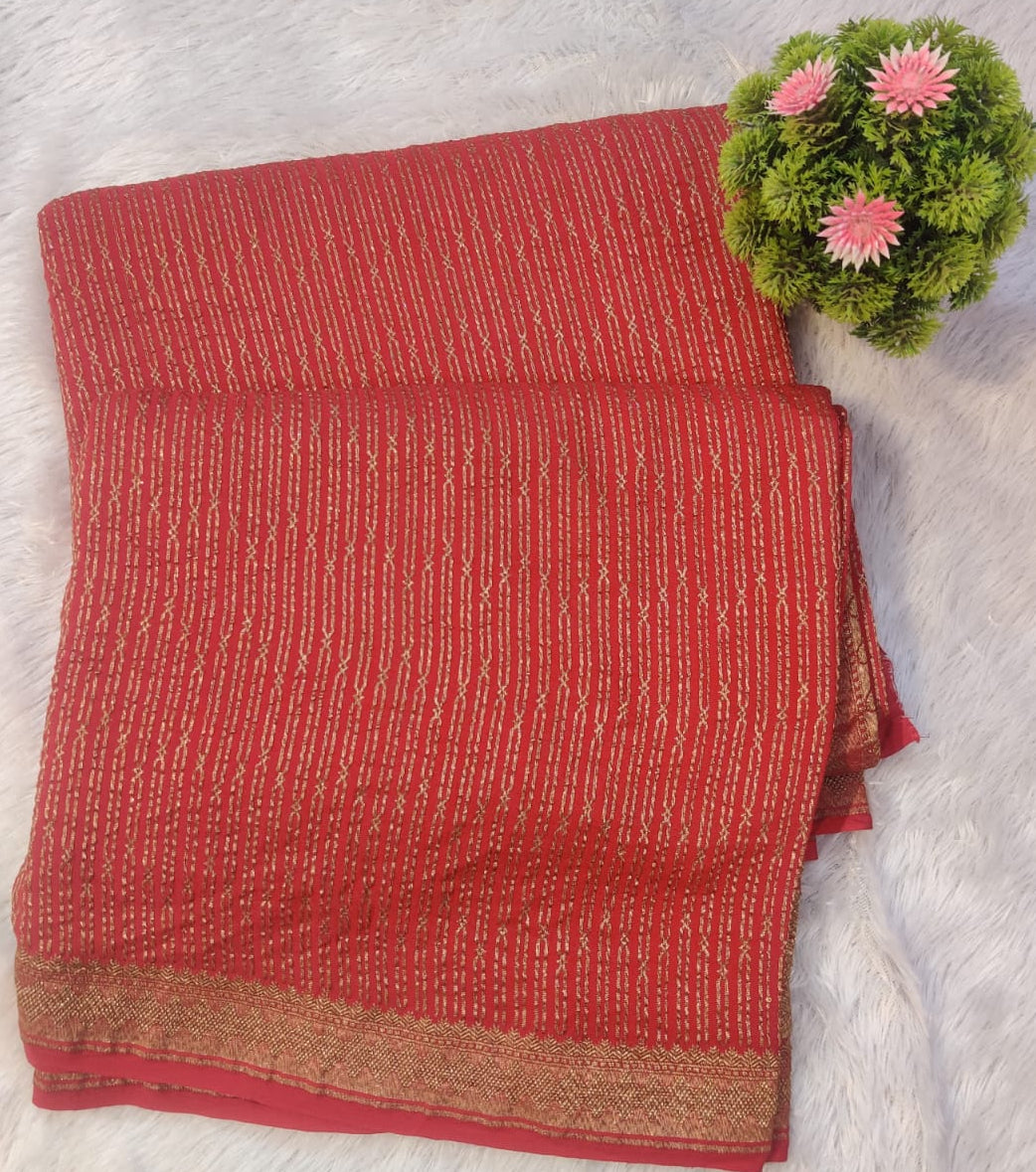 Authentic Banarasi 100% Pure Crepe Georgette Red Saree with Fine Gold Zari Stripes