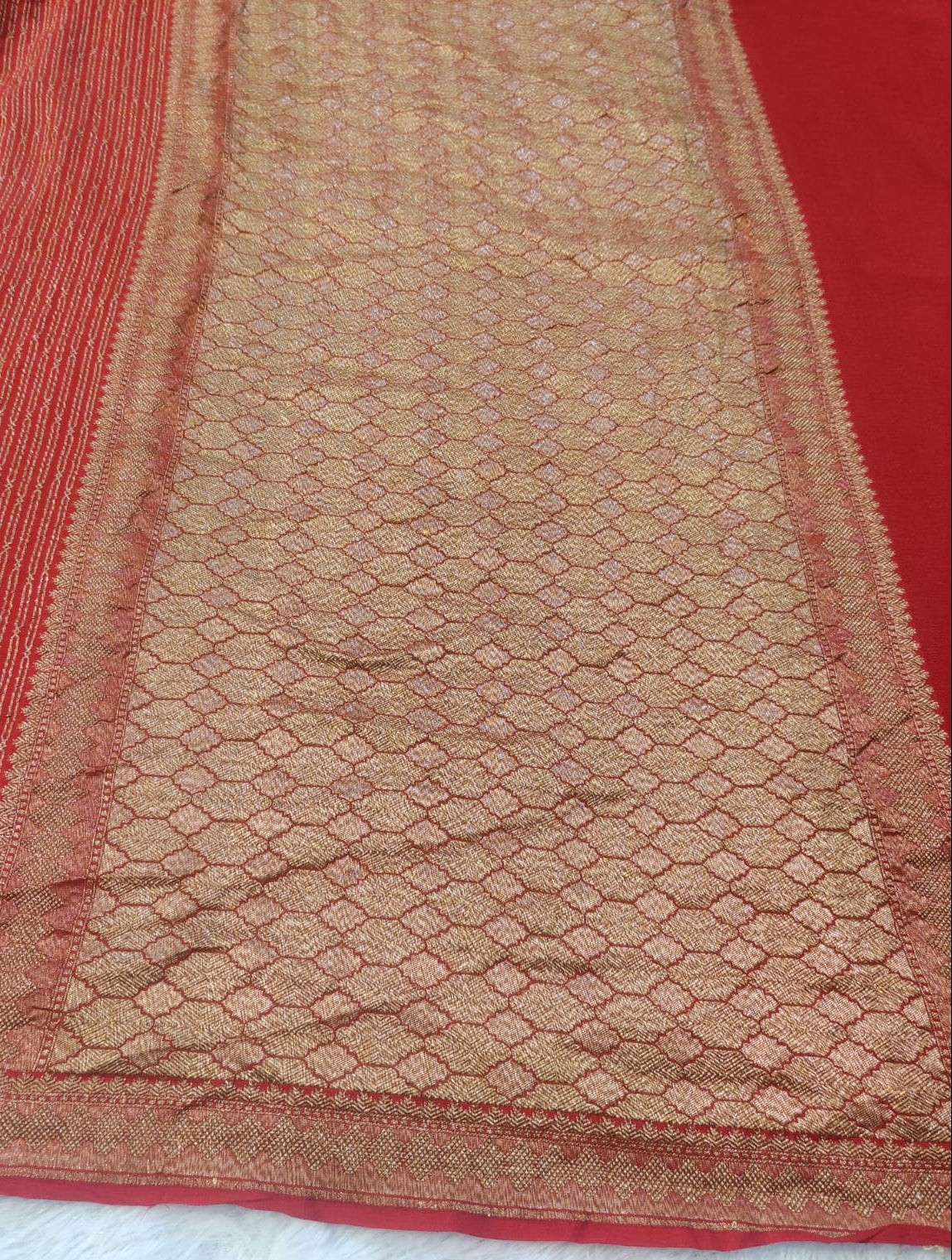 Authentic Banarasi 100% Pure Crepe Georgette Red Saree with Fine Gold Zari Stripes