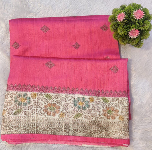 Banarasi 100% Pure Raw Silk Handloom Pink Floral Border Saree