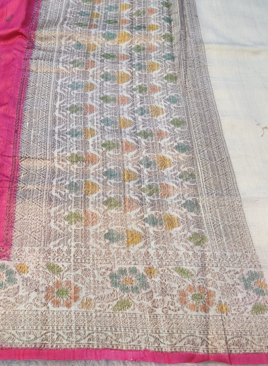 Banarasi 100% Pure Raw Silk Handloom Pink Floral Border Saree