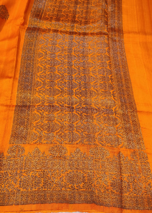 Banarasi 100% Pure Raw Silk Handloom Orange Floral Tree Border Saree