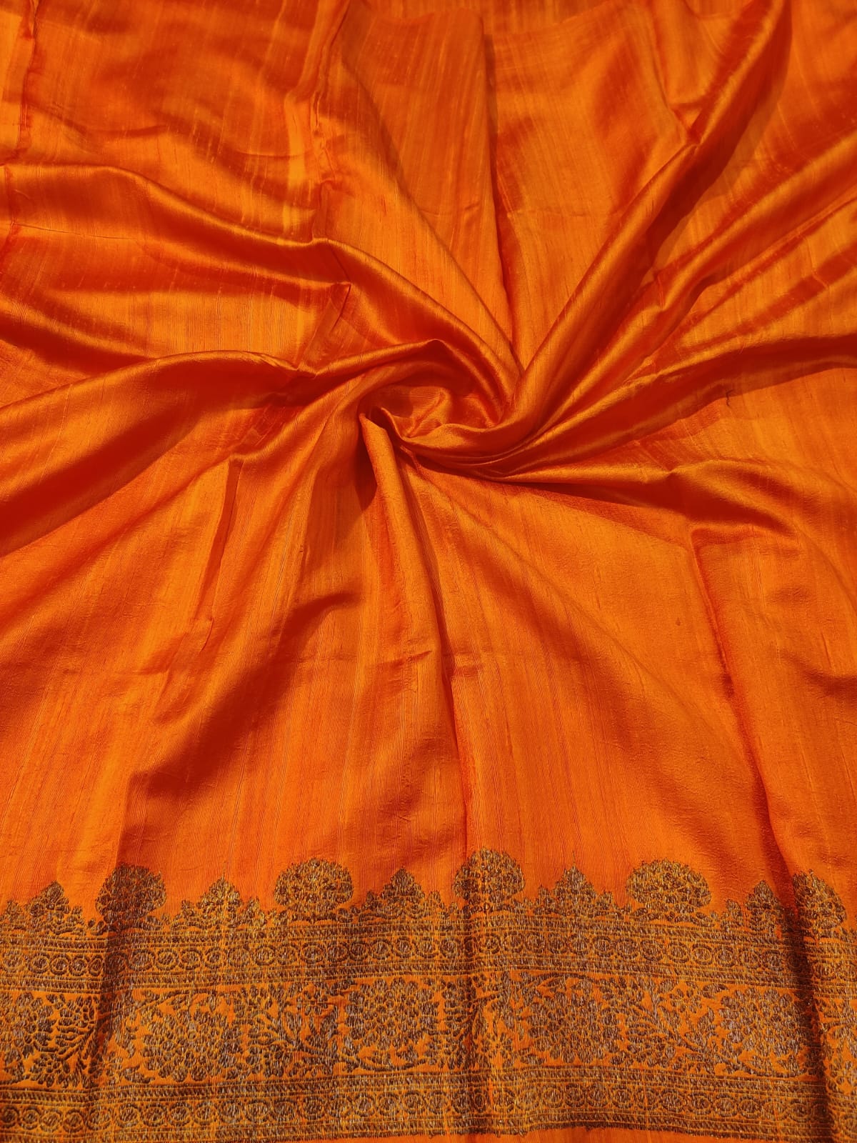 Banarasi 100% Pure Raw Silk Handloom Orange Floral Tree Border Saree