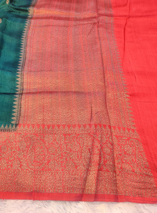 Banarasi 100% Pure Raw Silk Handloom Bottle Green Coral Zari Border Saree