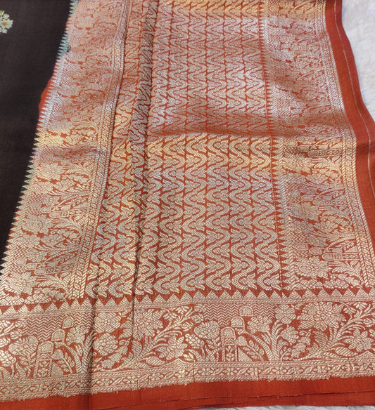 Banarasi Pure 100% Khaddi Tussar Georgette Handloom Kadua Floral Buti Saree