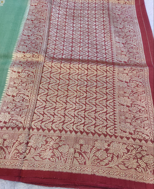 Banarasi Pure 100% Khaddi Tussar Georgette Handloom Kadua Sage Green Floral Buti Saree