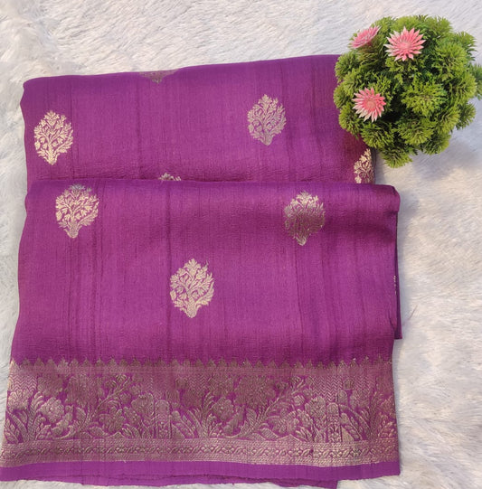 Banarasi Pure 100% Khaddi Tusser Georgette Handloom Kadua Saree – Royal Purple with Meena Buti & Floral Zari Border