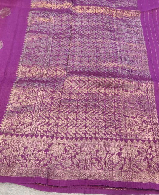 Banarasi Pure 100% Khaddi Tusser Georgette Handloom Kadua Saree – Royal Purple with Meena Buti & Floral Zari Border