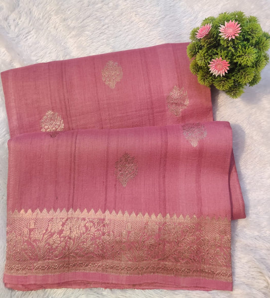 Banarasi Pure 100% Khaddi Tusser Georgette Handloom Kadua Saree – Dusty Rose Pink with Floral Zari Border