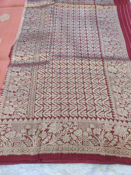 Banarasi Peach Pink Pure Khaddi Tusser Georgette Handloom Kadua Saree with Floral Zari Border