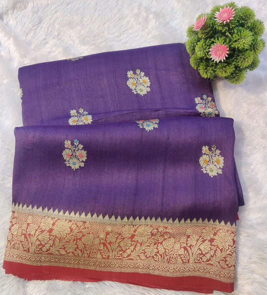 Banarasi Royal Purple Pure Khaddi Tusser Georgette Handloom Kadua Saree with Multicolour Buti & Maroon Zari Border
