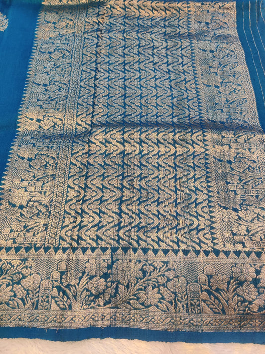 Banarasi Handloom 100% Pure Khaddi Tussar Georgette Kadwa Saree in Teal Blue