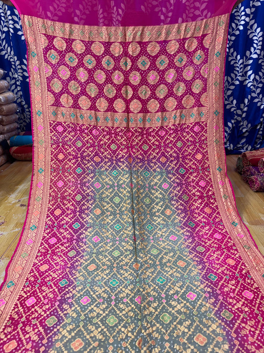 Rani Pink & Charcoal Grey Pure Georgette Banarasi Bandhej Saree with Multicolour Zari Buttas