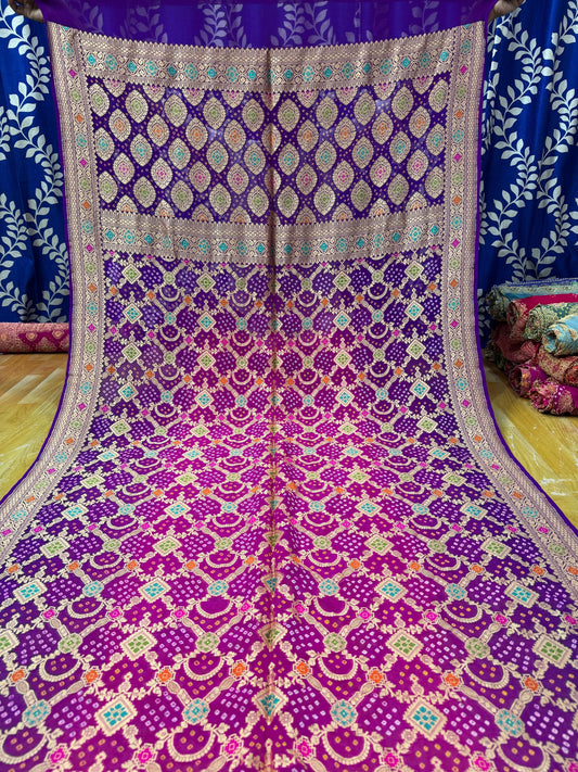 Royal Purple & Magenta 100% Pure Georgette Banarasi Bandhej Saree
