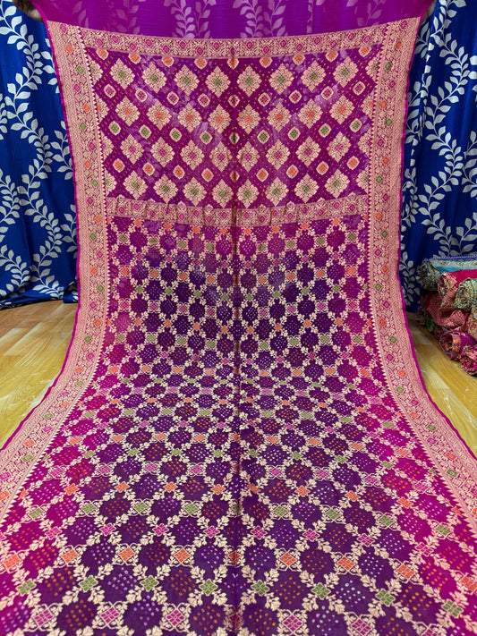 Magenta & Purple 100% Pure Georgette Banarasi Bandhej Saree