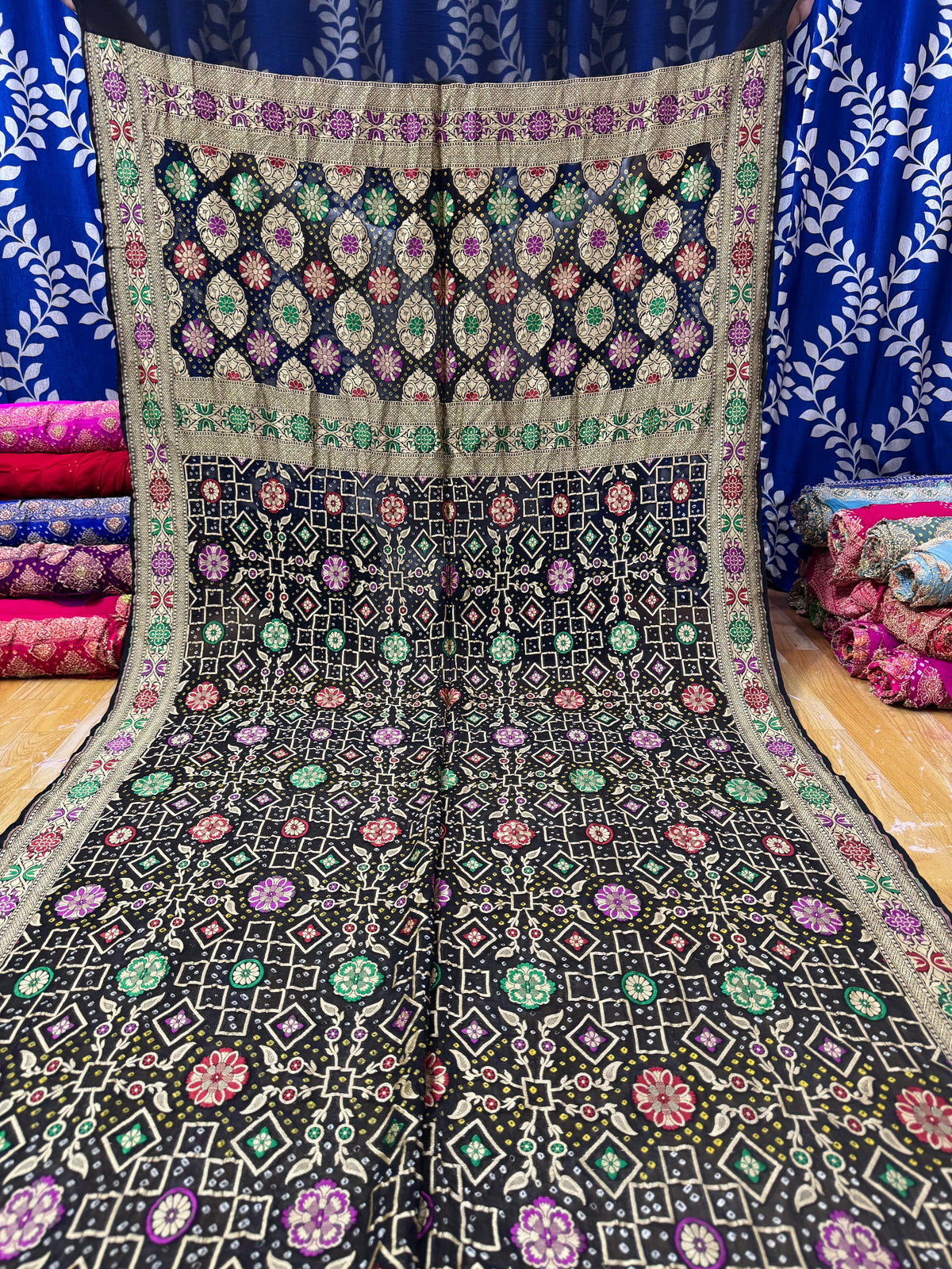 Pure Khaddi Georgette Banarasi Rai Bandhej Saree in Jet Black with Zari Jaal & Vibrant Meenakari Work