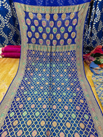 100% Pure Banarasi Georgette Bandhej Saree – Royal Blue Floral Jaal with Multicolour Zari