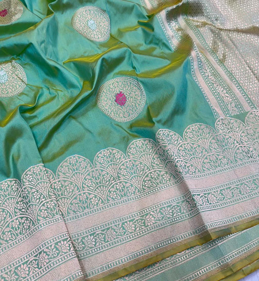Pure Handloom Banarasi Katan Silk Saree with Double Meenakari Circular Jaal Motifs - Dual-Tone Pistachio & Mint Green