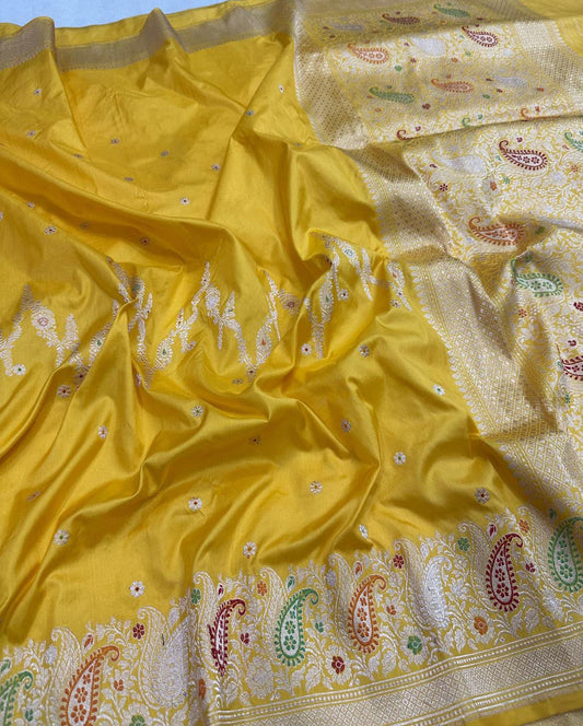 Banarasi Mustard Yellow Pure Katan Silk Handloom Saree with Multicolour Paisley Kadwa Weave