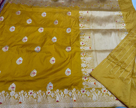 Pure Handloom Banarasi Katan Silk Saree with Double Meenakari Floral Work - Mustard Yellow