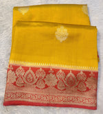 Pure Lightweight Mustard Yellow Katan Silk Banarasi Kadhua Saree with Red Zari Border